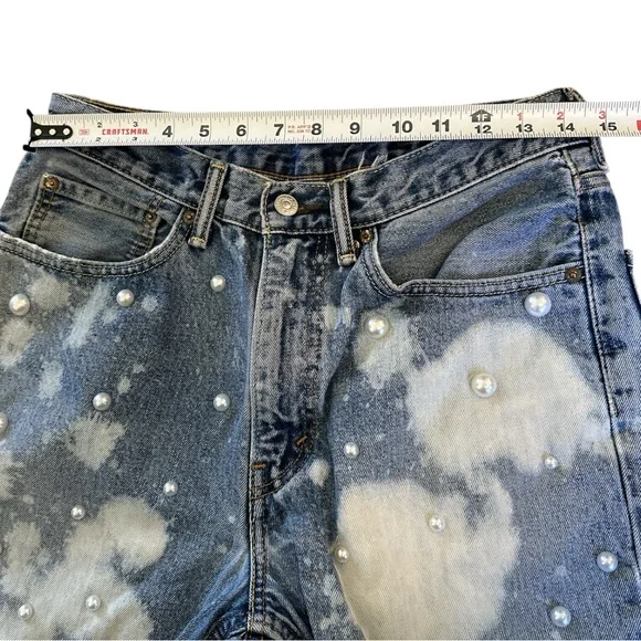 Levi’s Cutoff Reworked Denim Shorts | Y2K Design Pearl Studs Bleach Splatter - Picture 8 of 8